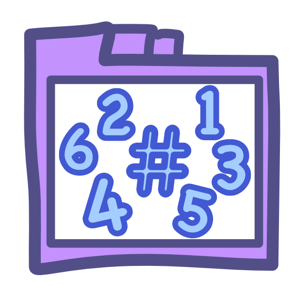 A purple file folder with 3 tabs across the top has a white rectangle on its front, inside the rectangle are numbers 1 through 6 around the numbers symbol. They are all blue with a darker blue outline.